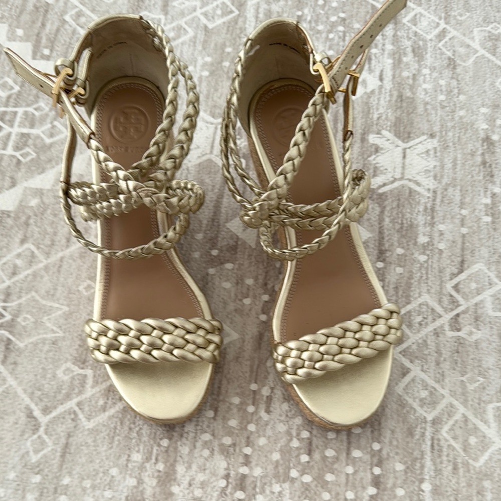 Tory Burch Gold Metallic Leather Espadrille Platform Wedge Sandals